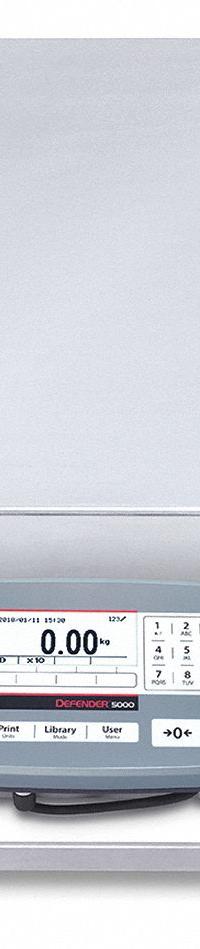 OHAUS Industrial Bench Scale: 24 in x 24 in, Not IP Rated, Column-Mounted, Defender 5000 (MPN 30467606). Key specifications — Connection Ports: 2 In/4 Out Discrete I/O; Readability: 0.02 lb/10 g; Brand: OHAUS; Weighing Surface Material: Stainless Steel.