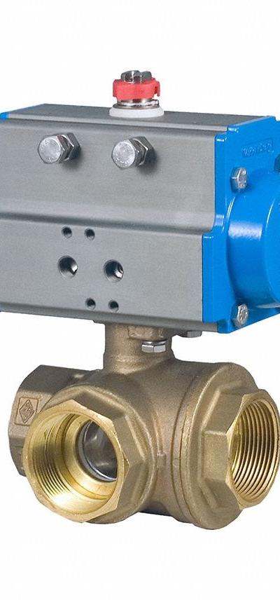 BONOMI Pneumatically Actuated Three-Way Ball Valve: 1 1/2 in - T-Port Brass Pneumatically-Actuated Ball Valves