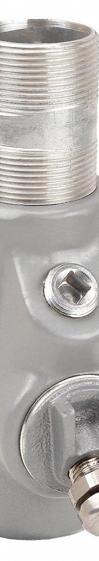 Sealing Fitting - Vertical: Aluminum, 1 1/4 in Trade Size, Male to Female, 4 15/16 in Overall Lg (MPN EYDM-125AL). Key specifications — Brand: APPLETON ELECTRIC; Finish: Powder Coated; Connection Type: Threaded; Thread Gender: Male to Female; Ends - Hazardous Fittings: 1-1/4 in FNPT x 1-1/4 MNPT; Material: Aluminum; Hazardous Location Rating: Class III; Thread Type: NPT.