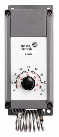 JOHNSON CONTROLS Line Volt Mechanical Tstat: Heat or Cool, Plastic, 30° to 110°F, 3° to 12°F (MPN A19PRC-1C). Key specifications — attr400419: 24 to 277V AC; attr400424: SPDT, Open/Close on Rise; attr400415: 30° to 110°F; attr400417: 3° to 12°F; attr400418: Hydraulic Air Coil; attr400408: Heat or Cool; attr408361: JOHNSON CONTROLS; attr400410: Plastic.