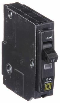 SQUARE D Miniature Circuit Breaker: 15 A, 120V AC, Single Phase, 10kA at 120V AC, 1 Poles (MPN QO115HM). Key specifications — Phase: Single; Amps: 15 A; AC Voltage Rating: 120V AC; Max. AIR Rating: 10kA at 120V AC; For Use With: QO Load Centers and NQ Panelboards; Brand: SQUARE D.