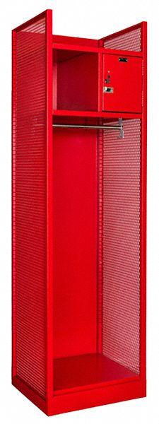 HALLOWELL Gear Locker: 24 3/4 in x 22 in x 86 1/4 in, Steel, 2 Shelves, 2 Compartments, Red (MPN TGBN42(84)-1BC-G-RR-HT). Key specifications — Includes Hanging Rod: Yes; Security Box Location: Top Compartment; Locker Color: Red; Frame Assembled: Assembled; Locker Finish: Galvanneal; Locker Material: Steel; Includes Footlocker: No; Includes Security Box: Yes.