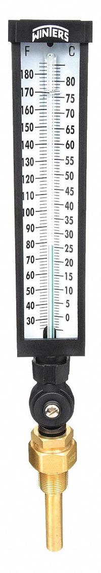 WINTERS Industrial Glass Thermometer: 30°F to 180°F /0°C to 80°C, +/-1% Accuracy, 3.5 in Stem Lg (MPN TIM104ALF.). Key specifications — Thermometer Thread Type: UNF; Accuracy: +/-1%; Brand: WINTERS.
