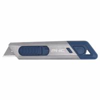PACIFIC HANDY CUTTER, INC Safety Knife: 6 in Overall Lg, Plain, 1 1/4 in Overall Wd, Metal, Blue (MPN E12208-9). Key specifications — attr307884: Slide Release Button; attr307885: Stainless Steel Standard Tip; attr307882: Blue; attr307878: Plain; attr307881: Metal; attr324892: PACIFIC HANDY CUTTER, INC.