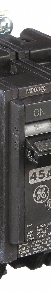 GE Miniature Circuit Breaker: THQB, 45 A, 120/240V AC, Single Phase, 10kA at 120/240V AC, Std (MPN THQB2145). Key specifications — attr195972: 45 A; attr195973: 120/240V AC; attr195974: Single; attr195975: 10kA at 120/240V AC; attr195976: Lighting Panels.