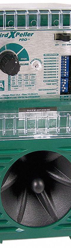 BIRD-X Electronic Bird Repeller: 1 acre Coverage Area, Wall Mount, Electric, 110 dB Max Volume (MPN BXP-PRO2). Key specifications — Manufacturer Part Number: BXP-PRO2; Brand: BIRD-X; Mounting Type: Wall Mount; Power Source: Electric; Targeted Animals: Grackles; Voltage: 110 V DC.