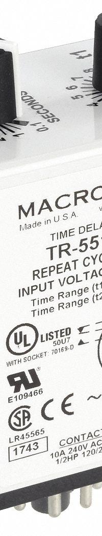 MACROMATIC Single Function Time Delay Relay: Socket Mounted, 24V AC/DC, 10 A, 8 Pins/Terminals (MPN TR-55128-05). Key specifications — Brand: MACROMATIC.