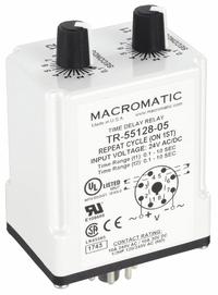 MACROMATIC Single Function Time Delay Relay: Socket Mounted, 24V AC/DC, 10 A, 8 Pins/Terminals (MPN TR-55128-05). Key specifications — Brand: MACROMATIC.