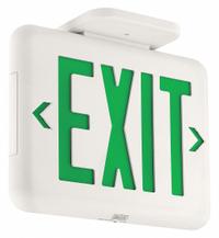 Exit Sign: LED, White, Green, 1 or 2 Faces, Ceiling/End/Wall, Not Battery Powered, 120/277 V AC (MPN EVEUGW). Key specifications — Voltage: 120/277 V AC; Directional Indicators: Universal Field Selectable Chevrons; Text Color: Green; Brand: DUAL-LITE; Emergency Battery Backup: No; Housing Color: White; Lighting Technology: LED; Remote Capable: No.