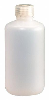 NALGENE Sampling Bottle: HDPE, 8 fl oz, 240 mL, Natural, 24-415 Screw Closure Size, Closure Included (MPN PLA-03155). Key specifications — Body Color: Natural; Closure Attached: Attached; Brand: NALGENE; Pre-Cleaned: None; Closure Included: Yes.