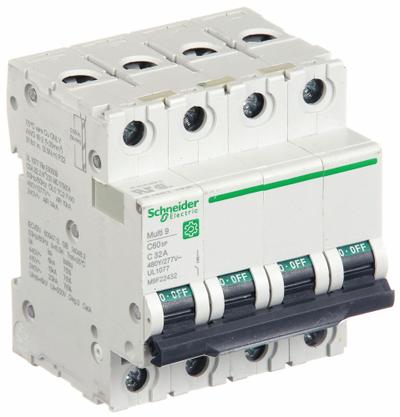 SCHNEIDER Supplementary Protector: 32 A Amps, 14kA at 240V AC, Screw Clamp - C-Curve, 4-Pole UL1077 DIN Rail-Mount Supplementary Protectors