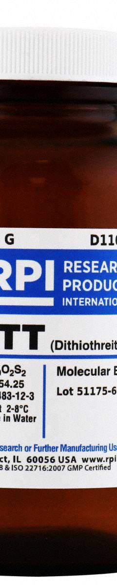 RPI DTT (DL-Dithiothreitol) (Clelands Reagents): 100 g Volume, BSE/TSE Free, Powder, Glass (MPN D11000-100.0). Key specifications — Form: Powder; Special Information: BSE/TSE Free; Brand: RPI; Chemical Grade: Lab; Container Material: Glass.