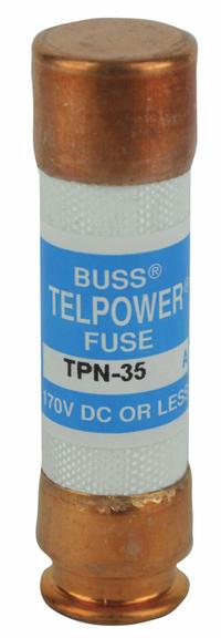 BUSSMANN Telecom Protection Fuse: TPN Series, Fast-Acting, Cylindrical, 35 A, 170 V DC (MPN TPN-35). Key specifications — Series: TPN; Brand: BUSSMANN.