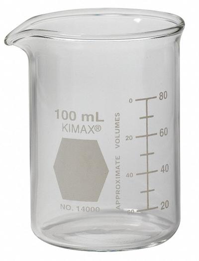 KIMBLE Beaker: 100 mL, 3.38 fl oz, A, Low Form, Type I, Colorless, Borosilicate Glass - Low Form Glass Beakers