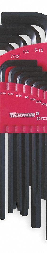WESTWARD Hex Key Set: 11 - 15 Pieces, L, SAE, Std End, Long, 13 Pieces, Organizer, Black Oxide (MPN 2CYC3). Key specifications — attr1205553: Not Tether Capable; attr1205554: WESTWARD; attr1205568: Black Oxide; attr1293176: 11 - 15 Pieces.