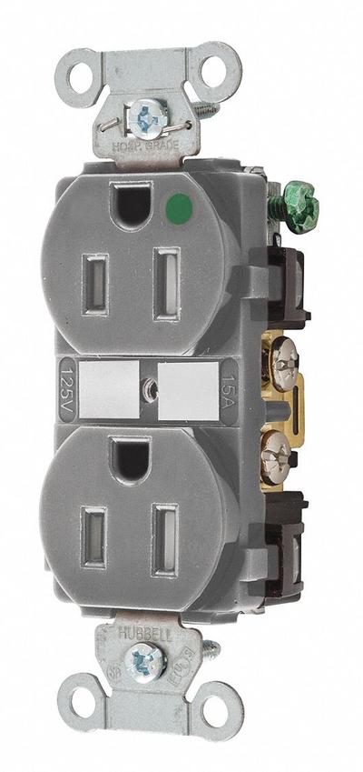 BRYANT Receptacle: Hospital Grade, Duplex, 5-15R, Gray, 125V AC, 15 A - General Purpose Receptacles