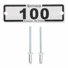 TENNSCO Locker Number Plate: 2 3/8 in x 3/4 in, 25 Plates, 76 to 100, Aluminum, Powder Coated (MPN LNP-A-100). Key specifications — Manufacturer Part Number: LNP-A-100; Brand: TENNSCO; Finish: Powder Coated; Includes: Sample Values is correct; Material: Aluminum; Number Range: 76 to 100; Product Type: Number Plates; Color: White paper w/ clear plastic cover.