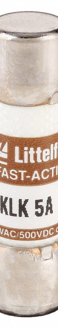 LITTELFUSE Fuse: KLK Series, Midget, Fast-Acting, 5 A, 600 V AC, 500 V DC, 13/32 in x 1 1/2 in (MPN KLK005). Key specifications — attr1287209: KLK; attr211192: LITTELFUSE.