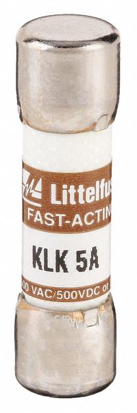 LITTELFUSE Fuse: KLK Series, Midget, Fast-Acting, 5 A, 600 V AC, 500 V DC, 13/32 in x 1 1/2 in (MPN KLK005). Key specifications — attr1287209: KLK; attr211192: LITTELFUSE.