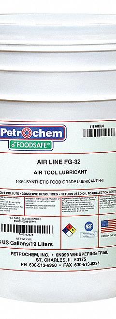 PETROCHEM Air Tool Oil: Synthetic, -67°F Min. Op Temp., 510°F Max. Op Temp., NSF H1, Food Grade (MPN FOODSAFE AIR LINE FG-32-005). Key specifications — attr1321222: Synthetic; attr1321226: 10W; attr1321227: 140; attr1321244: PETROCHEM; attr1321245: Pail.