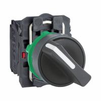 SCHNEIDER Selector Switch: 22 mm Panel Mounting Size, 2 Positions, Short Lever, 1NO/1NC (MPN XB5AD25). Key specifications — AC Contact Rating: 6 A @ 120 V; Action: Maintained/Maintained; Cam: No Cam Included; DC Contact Rating: 0.1 A @ 600 V; Hazardous Location Specification: Not Rated; Operator Head Material: Plastic; Operator Head Type: Short-Handled Knob; Operator Illumination: Non-Illuminated.