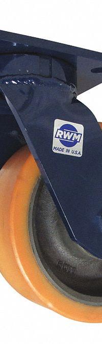 RWM Plate Caster: Swivel, Polyurethane, 8 in Wheel Dia, 3 in Wheel Wd, 10 3/8 in Mounting Ht, Ball (MPN 76-UIB-0830-S-INF-CWB-10-3/8 OH). Key specifications — Wheel/Tread Color: Tan; Brand: RWM; Roll Up: Swivel with Brake.