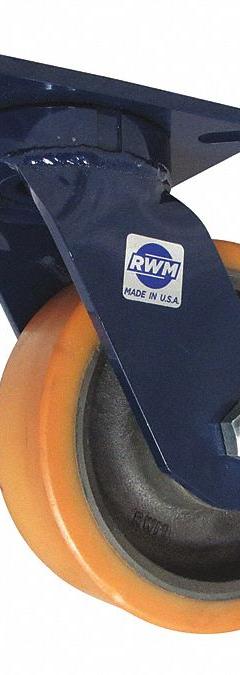 RWM Plate Caster: Swivel, Polyurethane, 8 in Wheel Dia, 3 in Wheel Wd, 10 3/8 in Mounting Ht, Ball (MPN 76-UIB-0830-S-INF-CWB-10-3/8 OH). Key specifications — Wheel/Tread Color: Tan; Brand: RWM; Roll Up: Swivel with Brake.
