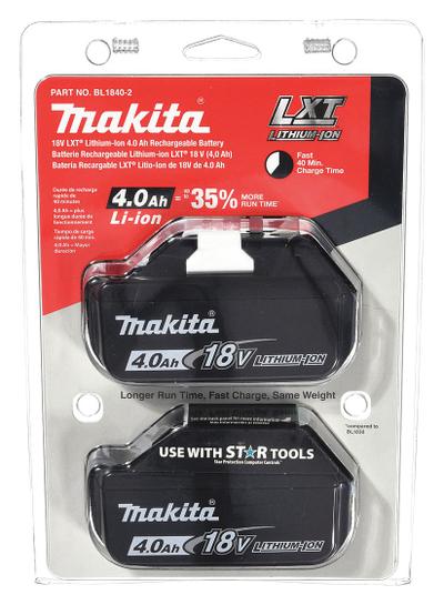 MAKITA Battery: LXT, 4 Ah, 2 Batteries Included, Tabbed, 18V DC, 2 PK (MPN BL1840B-2) - Makita Cordless Tool Batteries