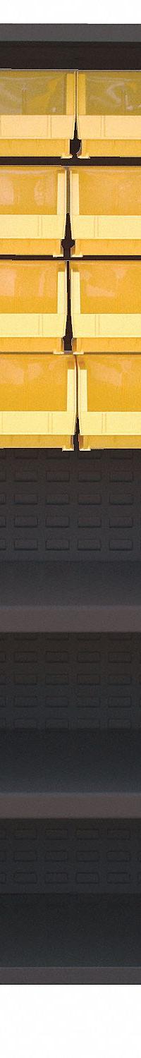 JAMCO Bin Cabinet: 36 in x 24 in 78 in, 2 Shelves, 16 Bins, Yellow, Ventilated, 14 ga Panel, Black (MPN DY236BL). Key specifications — Bin Color: Yellow; Bin HxWxD: (16) 7 in x 8-1/4 in x 11 in; Assembled: Assembled; Cabinet Style: Shelf and Bin; Brand: JAMCO; Cabinet Color: Black; Cabinet Finish: Powder Coated; Cabinet Material: Steel.