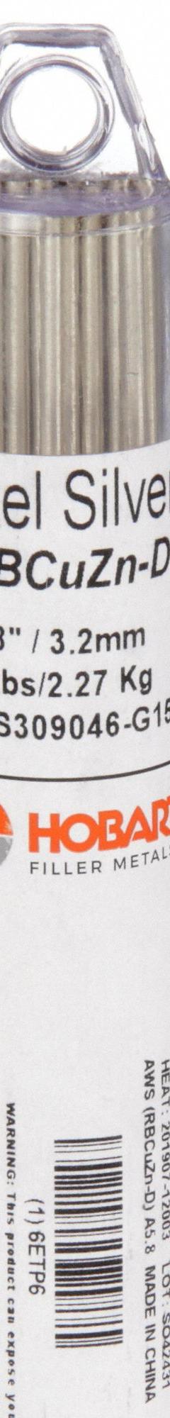 HOBART Brazing Alloy: Nickel Silver, 0%, RBCuZn-D, 1/8 in x 36 in, Bare (MPN 6ETP6). Key specifications — Tensile Strength: 70 ksi; Yield Strength: 64 ksi; Manufacturer Part Number: 6ETP6; Brand: HOBART; pack-container: 1/pk.