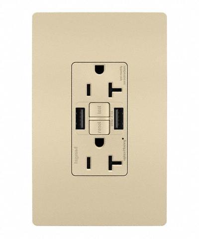 LEGRAND Receptacle: Duplex, 5-20R, 2 USB Ports, USB Type A, Ivory, 125V AC, 20 A - Weather-Resistant Receptacles with USB Chargers