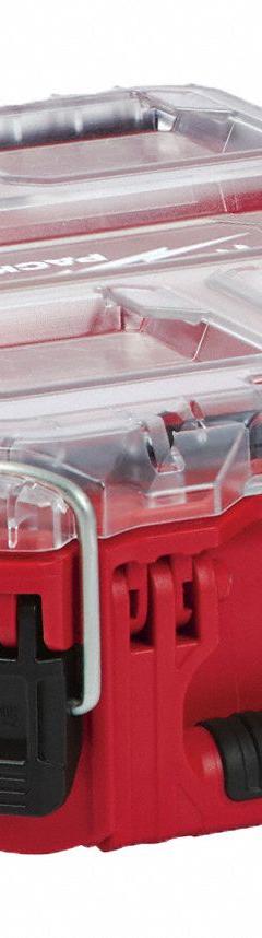 MILWAUKEE PACKOUT Tool Case: 9 13/16 in W x 15 3/16 in D x 4 5/8 in H, Plastic, Red, 0 Dividers (MPN 48-22-8435). Key specifications — attr1120253: MILWAUKEE; attr1120340: Plastic; attr1120341: Red.