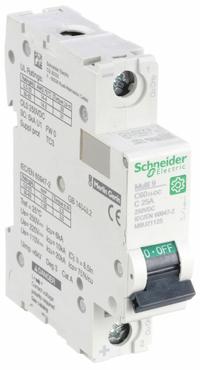 SCHNEIDER IEC Supplementary Protector: 25 A Amps, 250V DC, 5kA at 250V DC, Screw Clamp, C60H-DC, C (MPN M9U21125). Key specifications — Brand: SCHNEIDER; Terminal Connection: Screw Clamp; DC Voltage Rating: 250V DC; Max. AIR Rating: 5kA at 250V DC; Series: C60H-DC; AC Voltage Rating: Not Rated; Curve Type: C.
