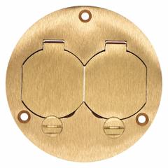 HUBBELL WIRING DEVICE-KELLEMS Floor Box Cover: Round, Gold, Brass, Brushed, 3 7/8 in Dia. x 1/8 in H (MPN S3925). Key specifications — Brand: HUBBELL WIRING DEVICE-KELLEMS; Color: Gold; Cover Shape: Round; Finish: Brushed; Material: Brass.
