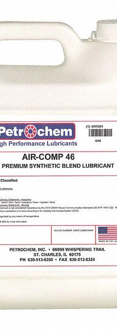 PETROCHEM Compressor Oil: 1 gal, Jug, 15 SAE Grade, 46 ISO Viscosity Grade, 97 Viscosity Index (MPN AIR-COMP 46-001). Key specifications — attr59744: 97; attr59746: 46; attr59736: No; attr59735: Jug; attr59738: Air-Comp Series; attr59749: 15.