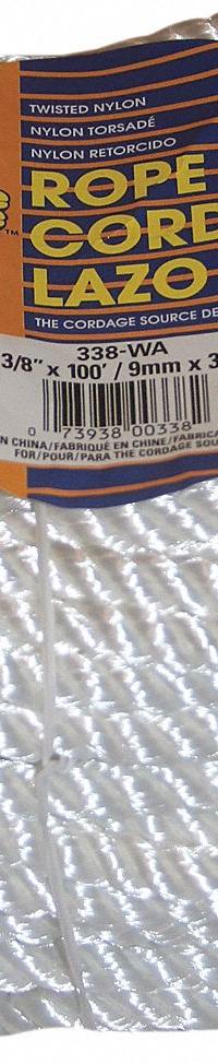 APPROVED VENDOR General Purpose Utility Rope: Twisted, 3/8 in Dia, 515 lb Working Load Limit, Nylon (MPN 338-WA). Key specifications — Brand: APPROVED VENDOR; Rope Type: Dynamic.