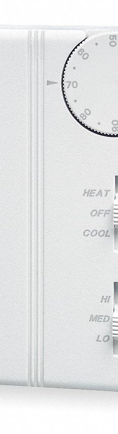 PECO Fan Coil Thermostat: Heat and Cool, Cool-Heat-Off, 50° to 90°F, Slide Switch, 24 to 277V AC (MPN TA155-046). Key specifications — Application: Heat and Cool; Key Features: Smart Energy Management; System Settings: Cool-Heat-Off; Switch Type/Action: SPDT, Open/Close on Rise; Temperature Control Range: 50° to 90°F; Stages: 1H/1C; Voltage: 24 to 277V AC; Brand: PECO.