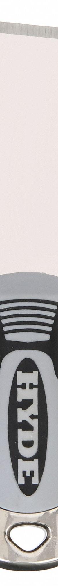 HYDE Scraper: Bld. Mat. Stainless Steel, Hdl. Mat. Plastic, Stiff, Bent Bld. Shape (MPN 06408). Key specifications — attr1004902: HYDE; attr1012057: Full; attr1014703: Plastic; attr1017570: Hammer End; attr1029655: Bent; attr1034073: Straight.