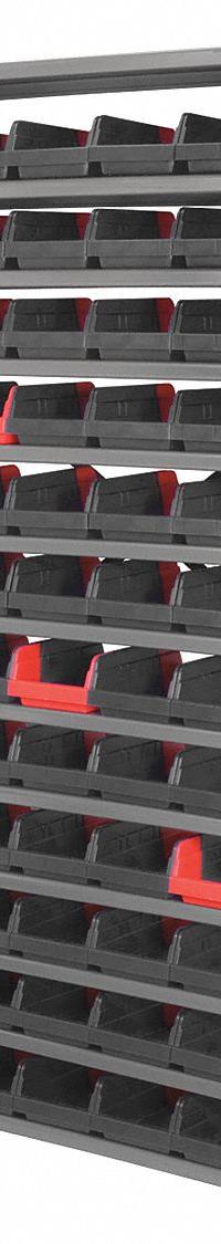AKRO-MILS Bin Shelving: 36 in x 12 in x 79 in, 1 Sided, 60 Bins, Open, Indicator Bin, Black/Red (MPN AS127936462BK). Key specifications — Includes Bins: Yes; Bin Material: Polymer; Frame Color: Gray; Bin HxWxD: 4 in x 6-3/4 in x 11-5/8 in; Frame Material: Steel; Bin Color: Black; Red; Brand: AKRO-MILS.