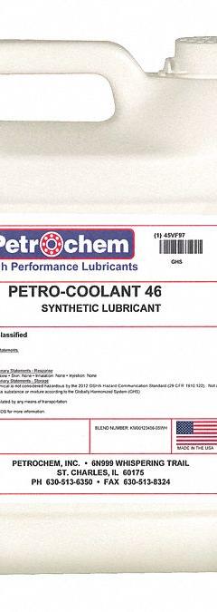 PETROCHEM Compressor Oil: 1 gal, Jug, 10 SAE Grade, 46 ISO Viscosity Grade, 155 Viscosity Index (MPN PETRO-COOLANT 46-001). Key specifications — attr59744: 155; attr59746: 46; attr59736: No; attr59735: Jug; attr59738: Petro-Coolant 46; attr59749: 10.
