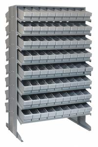 QUANTUM STORAGE SYSTEMS Pick Rack: 36 in x 24 in x 60 in, 2 Usable Sides, 16 Shelves, 144 Bins, Gray (MPN QPRD-501GY). Key specifications — Bin HxWxD: (144) 4-5/8 in x 3-3/4 in x 11-5/8 in; Frame Material: Steel; Frame Color: Gray; Bin Color: Gray; Brand: QUANTUM STORAGE SYSTEMS.