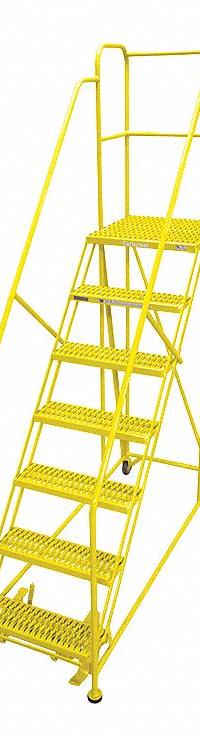 COTTERMAN Work Platform: 5.8 ft Platform Ht - Max, 24 in x 60 in, Steel, 800 lb Load Capacity (MPN 7WP2460RA3B4B8AC2P6). Key specifications — Folding: Not Foldable; Mobility: Rolling; Components Included: Rubber Foot Pads; Use Location: Indoor; Brand: COTTERMAN; Color: Yellow; Height Adjustability: Fixed Height; Includes Handrails: Handrails Included.