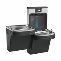 ELKAY Bi-Level Drinking Fountain with Bottle Filler: On-Wall, 8 gph @ 50°F, Stainless Steel, Black (MPN LZSTL8WSMP-PF). Key specifications — Brand: ELKAY; Housing Material: Stainless Steel; Filter Access: Bottom Panel Access; Housing Finish: Midnight Black; Chilling Capacity: 8 gph @ 50°F; Housing Color: Black.