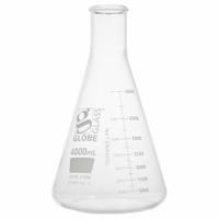 GLOBE SCIENTIFIC Erlenmeyer Flask: 4 L, Colorless, Round, A, 12 Compatible with Stopper Size (MPN 8434000). Key specifications — Shape: Round; Body Color: Colorless; Brand: GLOBE SCIENTIFIC; Compatible with Stopper Size: 12; USP Specification: Type I.