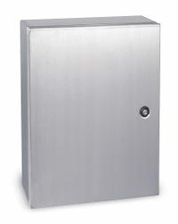 WIEGMANN Enclosure: 304 Stainless Steel, 12 in x 12 in x 6 in, NEMA 12/13/3R/4/4X, Solid Cover (MPN N412121206SSC). Key specifications — Brand: WIEGMANN; Closure Method: 1/4-Turn Latch; Enclosure Material: 304 Stainless Steel; Knockouts: Not Included.