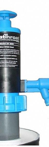 GOATTHROAT PUMPS Hand Pump: Piston Action, Pump with Spout, Polypropylene Housing, 48 oz per stroke (MPN GT200). Key specifications — Brand: GOATTHROAT PUMPS; Housing Material: Polypropylene; Maximum Flow Rate: 48 oz per stroke; Suction Tube Material: PP; Seal Material: EPDM.