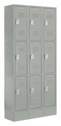 LOCKUP Wardrobe Locker: 36 in x 18 in x 82 in, Louvered, 3 Tiers, 3 Units Wide, Electronic Keypad (MPN LUPE-3W3T-LV1S-02-31-A). Key specifications — Brand: LOCKUP; Locker Color: Gray; Door Type: Louvered; Locker Material: Steel; Assembled: Assembled; Number Plate Included: No.