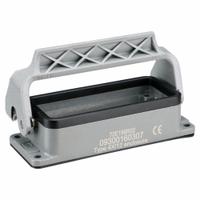 HARTING Rectangular Connector Housing: Size 16 B, Bulkhead Mount, Gray, Aluminum Die-Cast, IP65 (MPN 09300160307). Key specifications — IP Rating: IP65; Size Designation: 16 B; Seal Material: NBR; Locking Type: Single Lever; Brand: HARTING; Primary Material: Aluminum; Operating Temperature Range: -40 to 125 Degrees C.