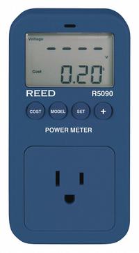 REED INSTRUMENTS Power Meter: 120 V Max AC Volt Measured, For Single Phase, CAT II 150V, Digital (MPN R5090). Key specifications — Brand: REED INSTRUMENTS; CAT Safety Rating: CAT II 150V.