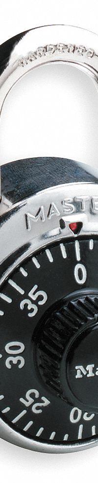 MASTER LOCK Combination Padlock: Dial Combo, Silver, Stainless Steel, Std Shackle, Steel Shackle (MPN 1500DWWG). Key specifications — Dial Color: Black; Brand: MASTER LOCK.